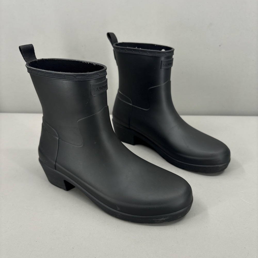 Hunter Rain Boots Womens‎ Size 8 All Black Rubber Ankle Booties Heel Waterproof